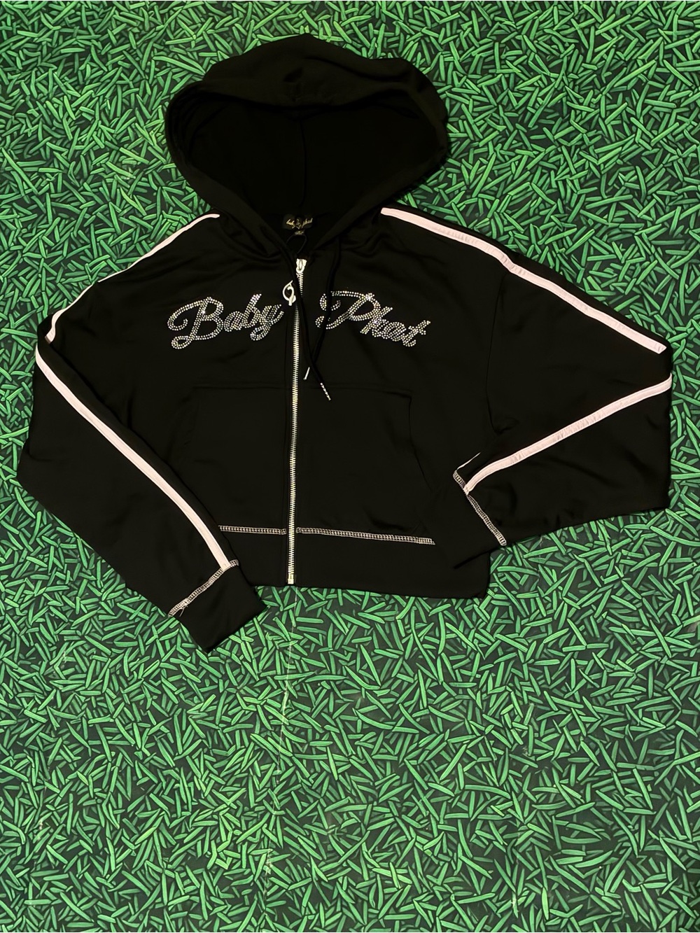 Baby Phat Black Cropped Zip Hoodie with Pink Stripe